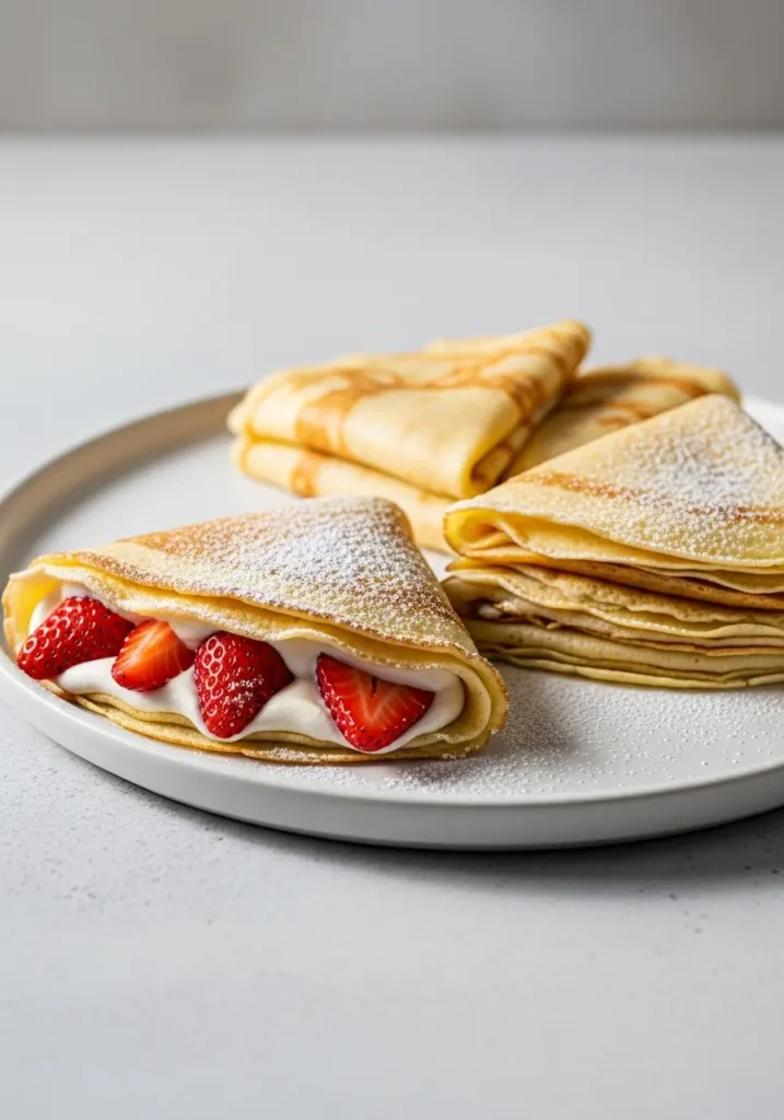 A stack of the best crepes made with a foolproof recipe, folded and served with fresh strawberries and powdered sugar.