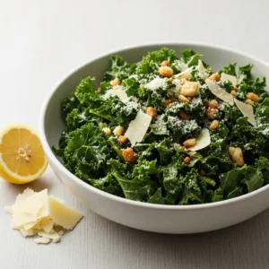 A close-up 45-degree angle shot of the best kale salad recipe in a white bowl, topped with parmesan and breadcrumbs.