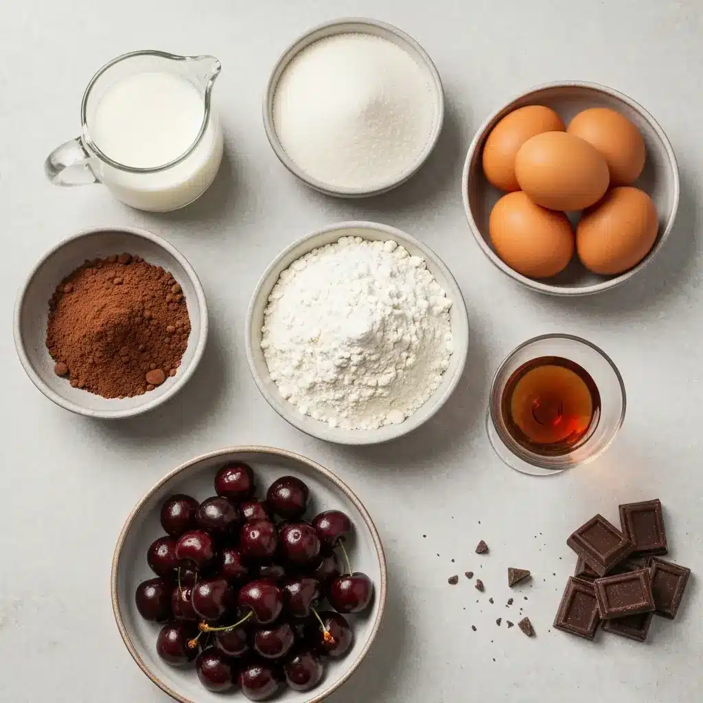 Ingredients for Black Forest Cake laid out on a light surface, including flour, cocoa, eggs, cherries, and Kirsch.