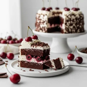 A perfect slice of Black Forest Cake on a white plate, showing layers of chocolate cake, whipped cream, and cherries.