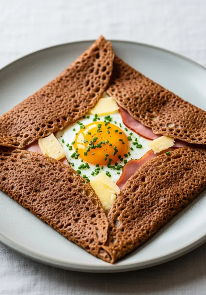 A savory buckwheat crepe recipe (galette complète) served on a plate, folded around a sunny-side-up egg, ham, and melted cheese.