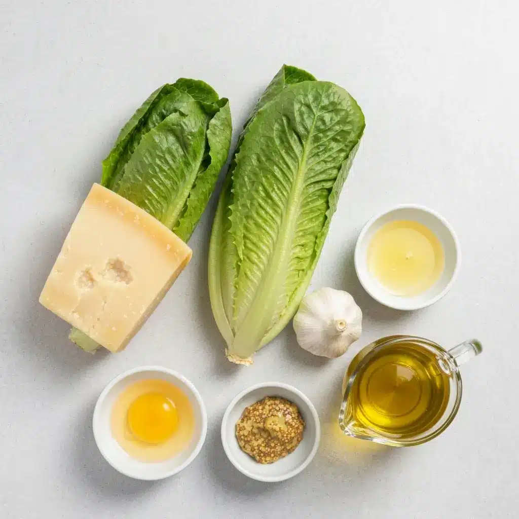 Ingredients for a homemade Caesar salad recipe laid out on a light surface, including romaine, Parmesan, garlic, lemon, and egg yolk.