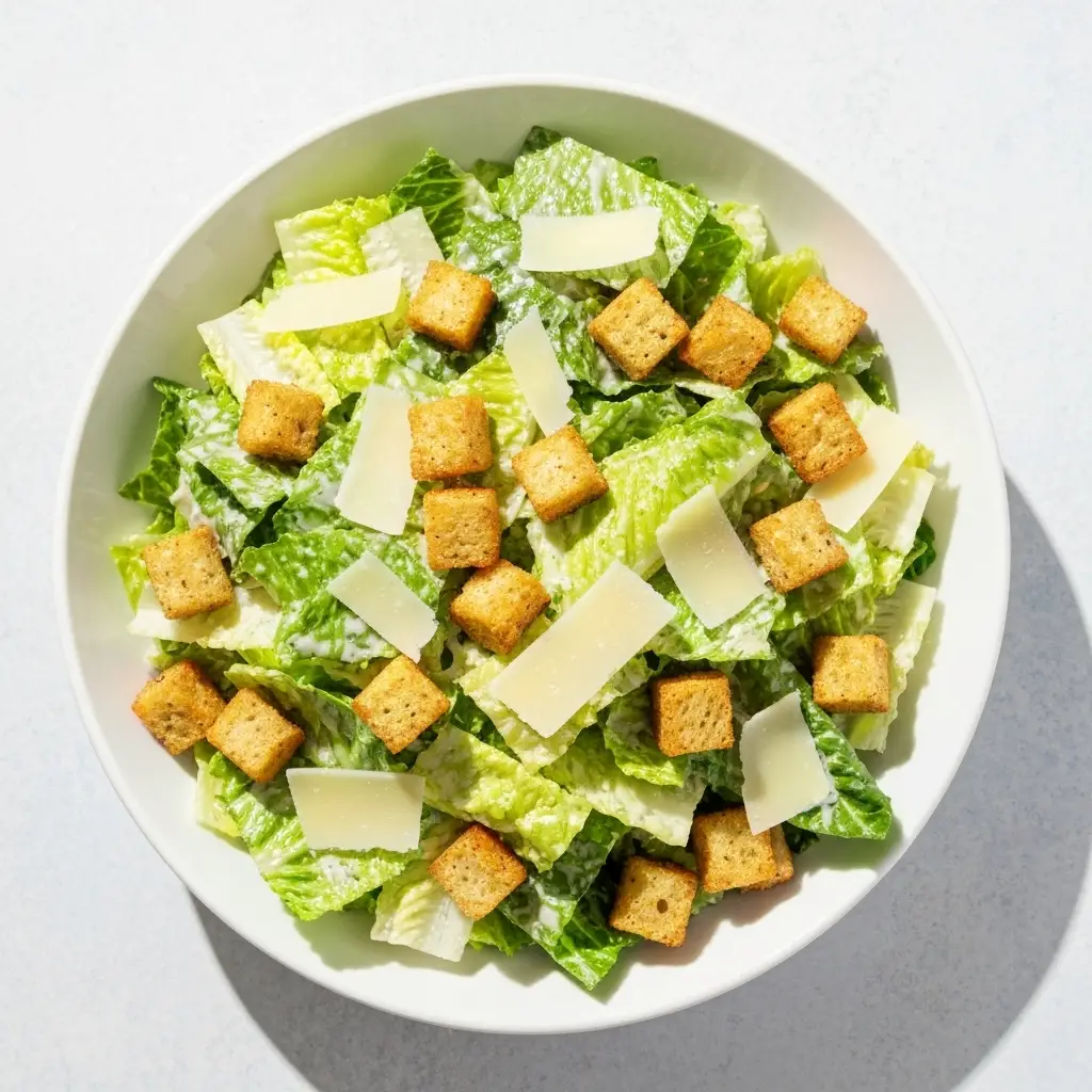 Overhead view of a classic Caesar salad recipe in a serving bowl, ready to eat.
