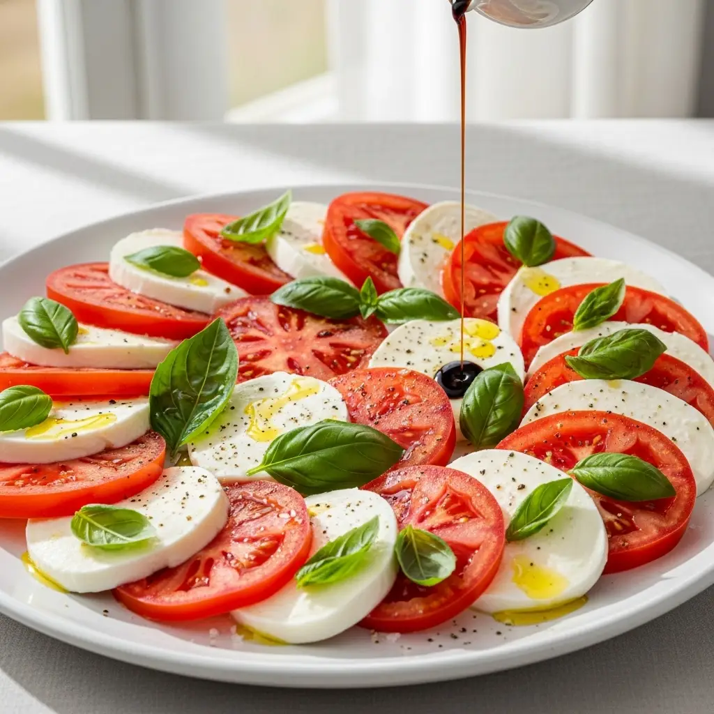 A classic Caprese salad recipe arranged on a white platter with alternating slices of tomato, mozzarella, and fresh basil leaves.