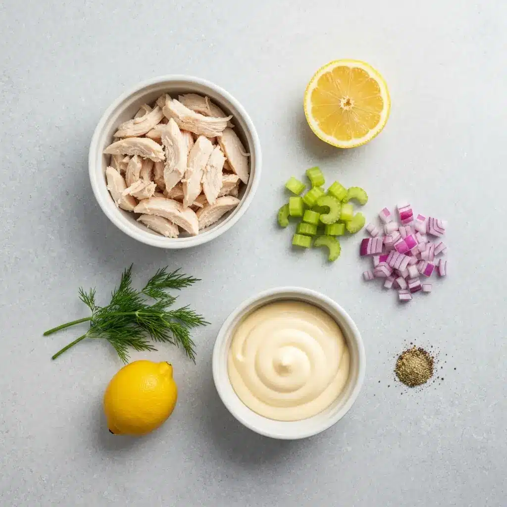 An overhead view of the ingredients for chicken salad: shredded chicken, mayonnaise, celery, red onion, and dill.