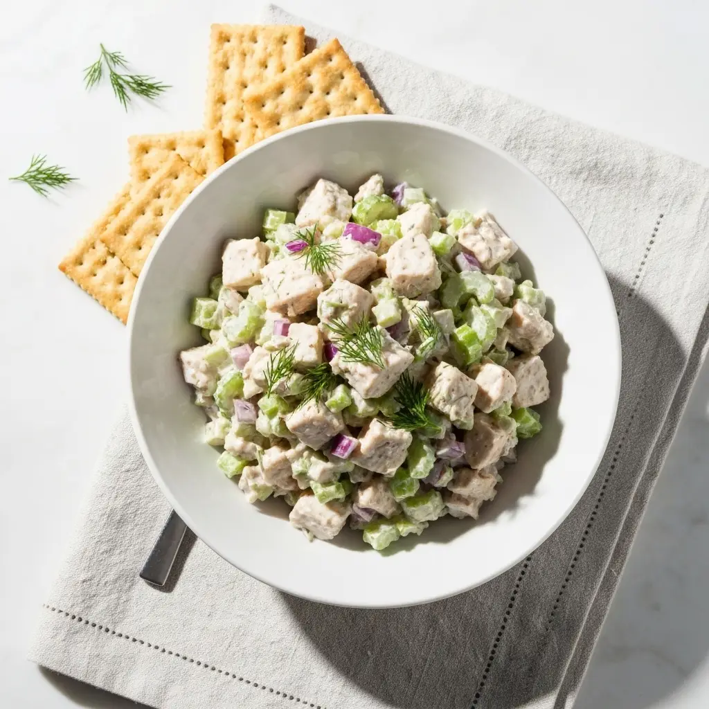 An overhead shot of a bowl of classic chicken salad garnished with fresh dill.
