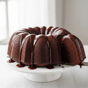 A whole chocolate bundt cake with a glossy chocolate glaze on a white cake stand, with one slice cut out.