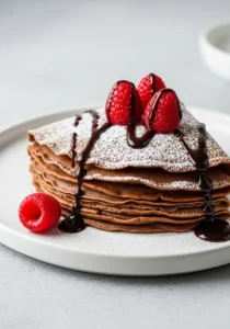 A stack of folded chocolate crepes on a white plate, dusted with powdered sugar and topped with fresh raspberries and a chocolate drizzle.
