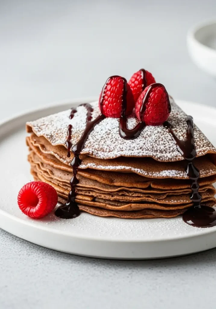 A stack of folded chocolate crepes on a white plate, dusted with powdered sugar and topped with fresh raspberries and a chocolate drizzle.