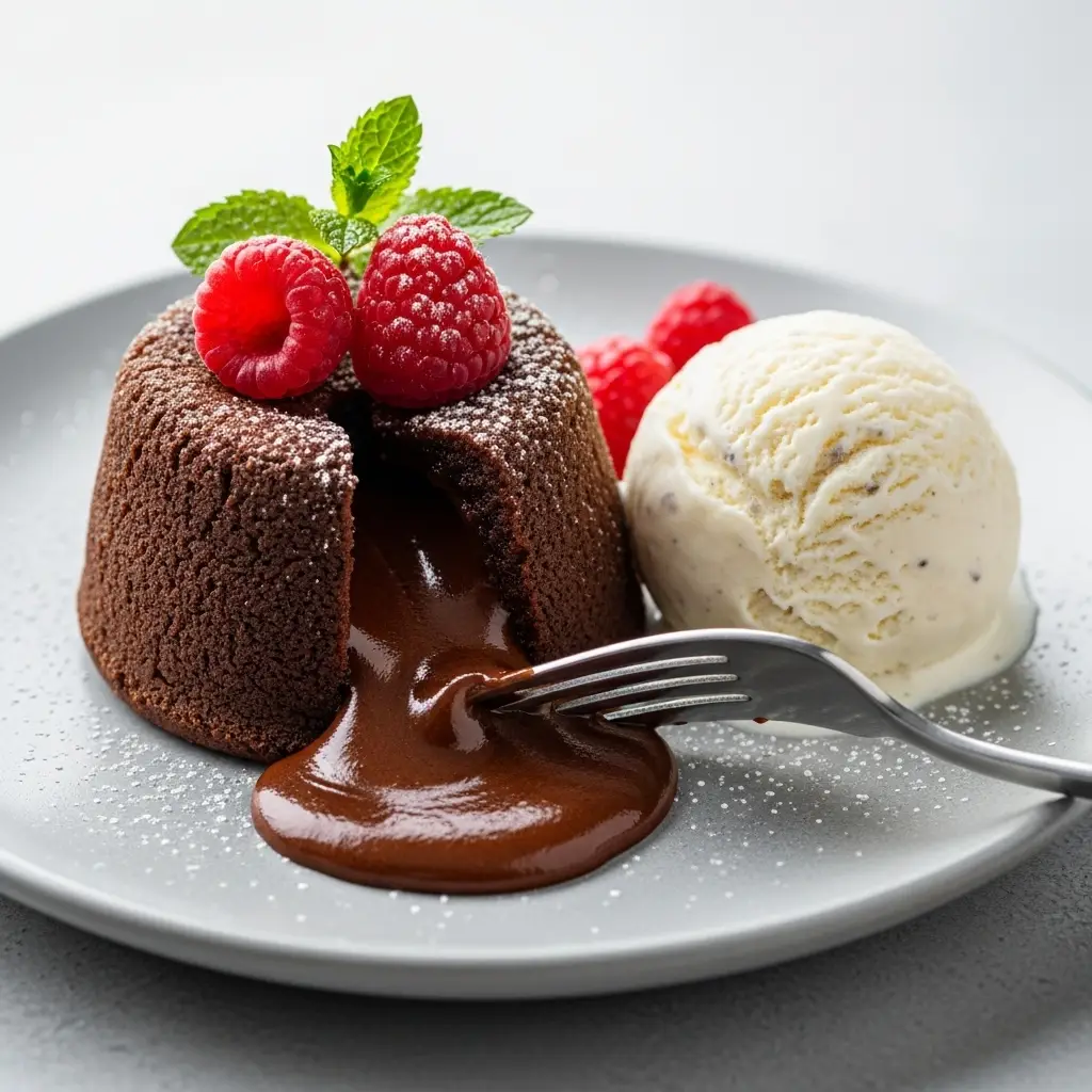 A close-up of a chocolate lava cake on a plate, cut open to show the molten chocolate center oozing out next to a scoop of vanilla ice cream.