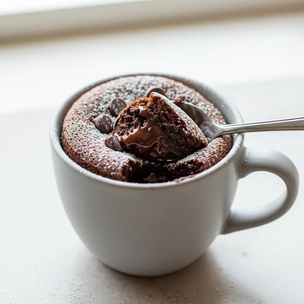 A close-up of a chocolate mug cake with a spoon taking a scoop, revealing a fudgy and molten center.
