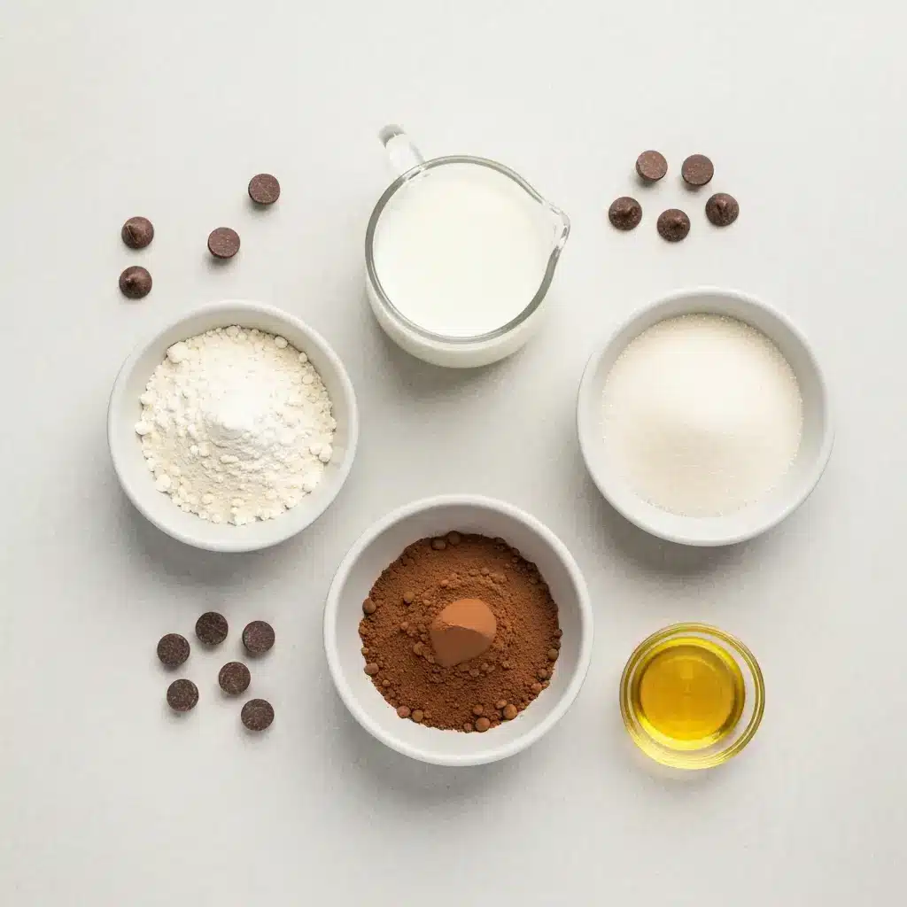 Overhead view of ingredients for a chocolate mug cake: flour, sugar, cocoa powder, milk, oil, and chocolate chips.