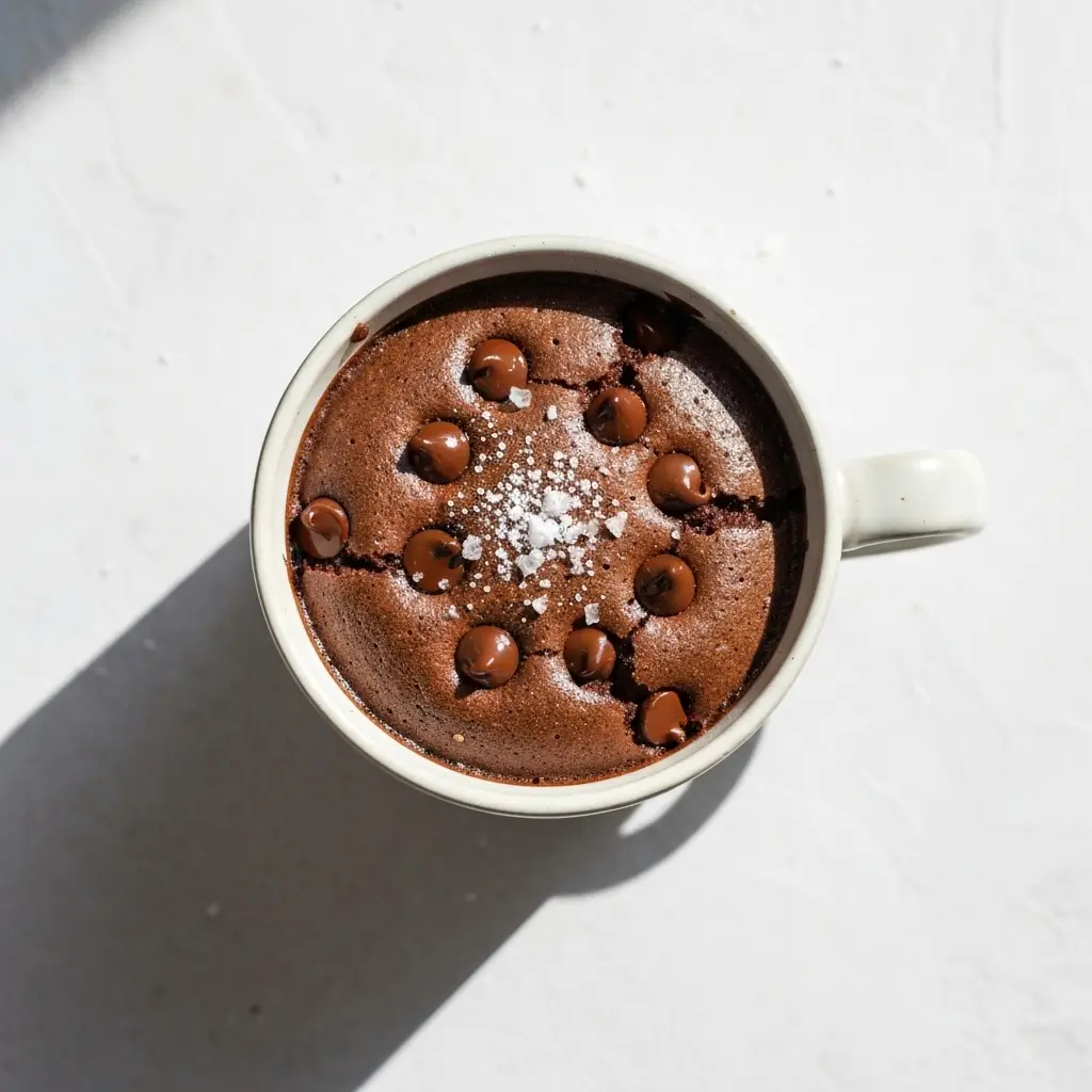 An overhead, top-down view of a cooked chocolate mug cake in a white mug.
