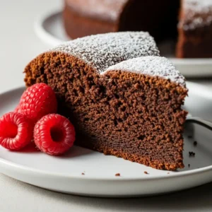 A close-up slice of moist chocolate olive oil cake on a light plate, dusted with powdered sugar.