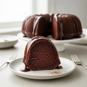 A perfect slice of moist chocolate pound cake with a shiny chocolate glaze on a white plate.