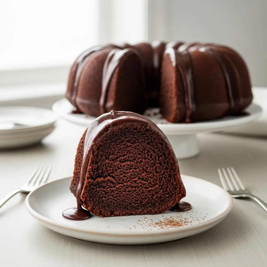 A perfect slice of moist chocolate pound cake with a shiny chocolate glaze on a white plate.
