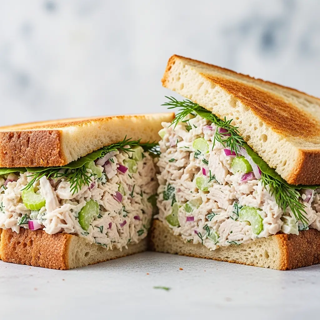 A close-up of a classic chicken salad sandwich cut in half on a light surface, showing the creamy filling.