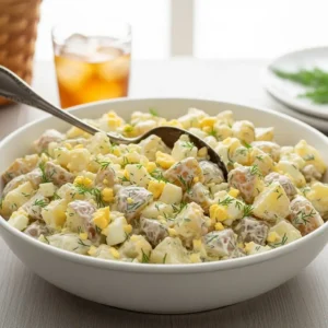 A large white bowl filled with classic creamy potato salad, garnished with fresh dill.