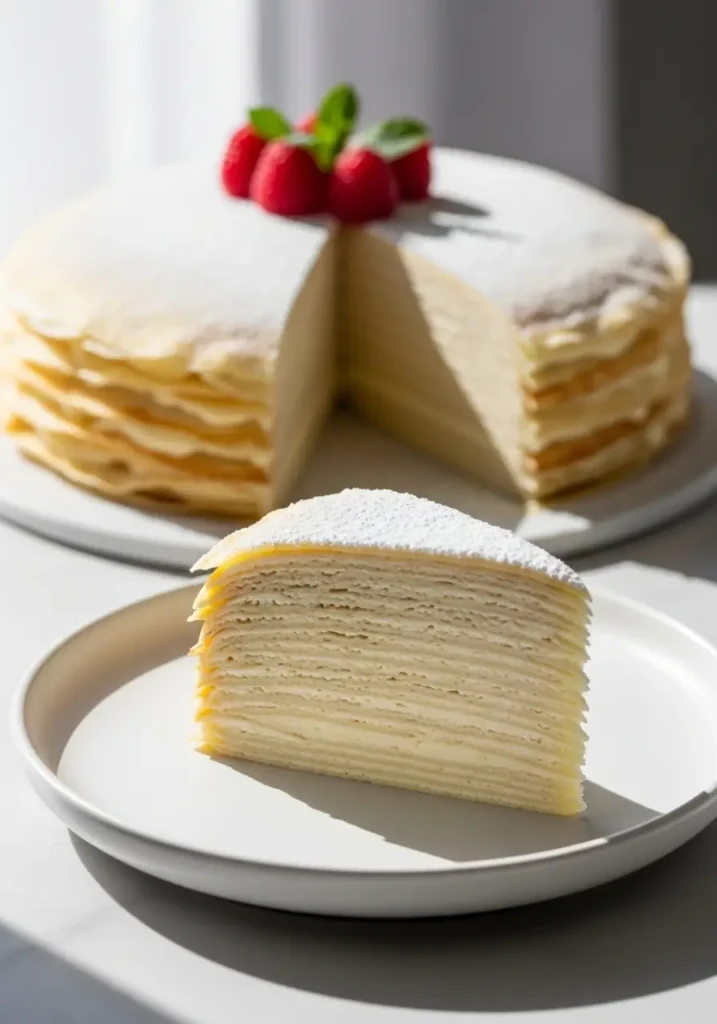 A perfect slice of crepe cake on a white plate, showing dozens of delicate layers of crepes and vanilla cream.