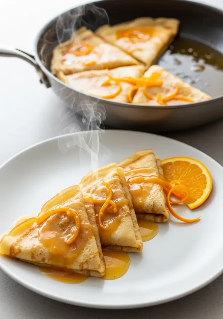 A classic Crepe Suzette recipe served on a white plate, with three crepes folded into triangles and coated in a glistening orange butter sauce.