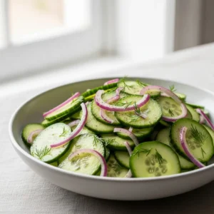 A 45-degree angle shot of a fresh cucumber salad in a light ceramic bowl, garnished with dill.