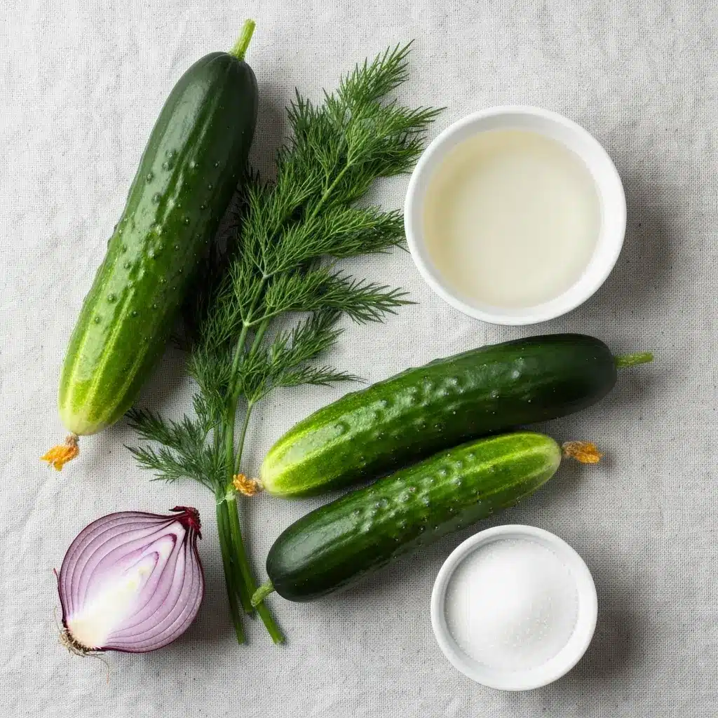 Overhead flat lay of ingredients for cucumber salad: cucumbers, red onion, dill, vinegar, and sugar.