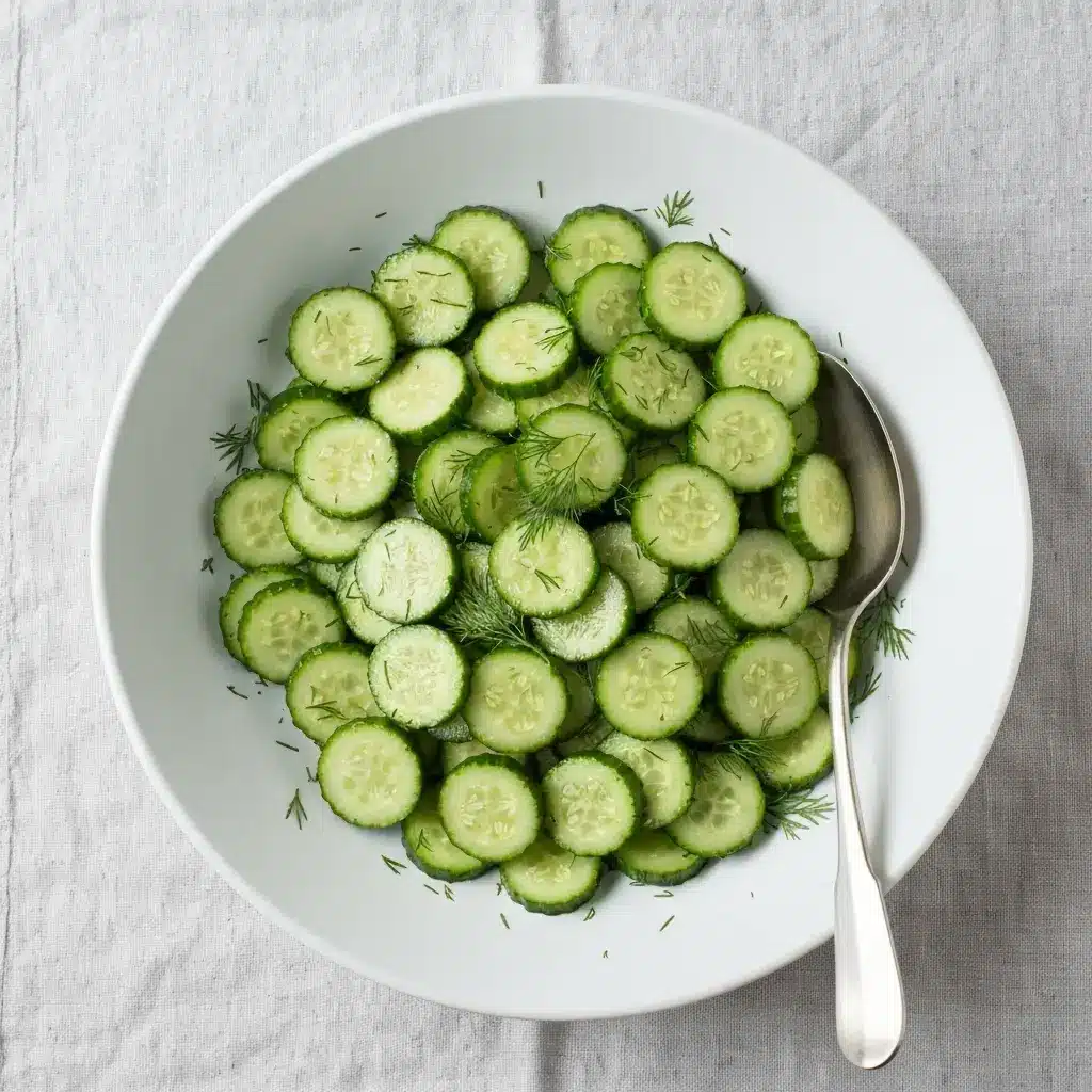 An overhead shot of the finished cucumber salad served in a large white bowl.