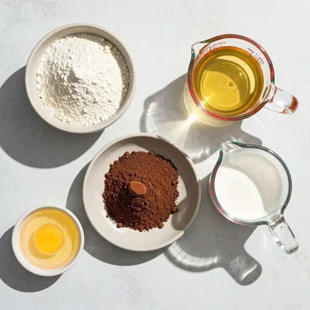 Ingredients for an easy chocolate cake recipe laid out on a light surface.