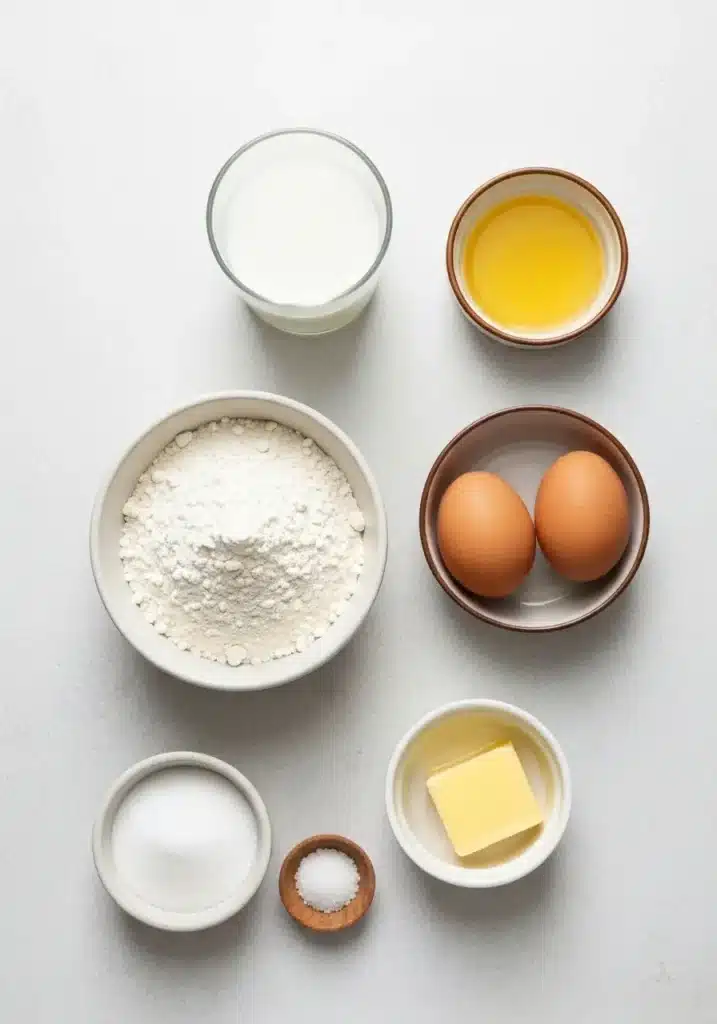 Ingredients for the easy crepe recipe laid out on a neutral surface: flour, eggs, milk, butter, sugar, and salt.