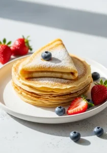 A stack of freshly made crepes from an easy crepe recipe, folded and topped with powdered sugar and fresh berries.