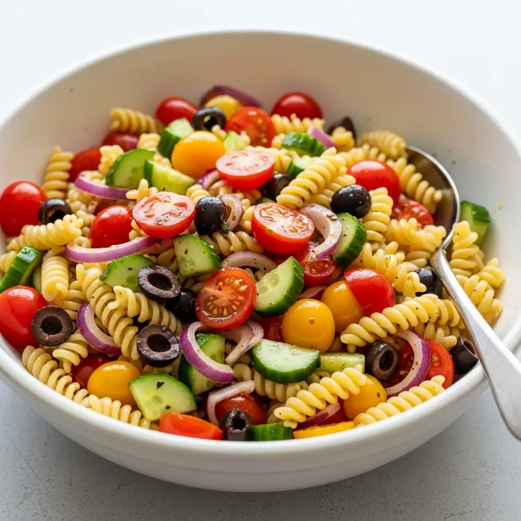 A large white bowl filled with a fresh and colorful pasta salad recipe, with a serving spoon resting inside.