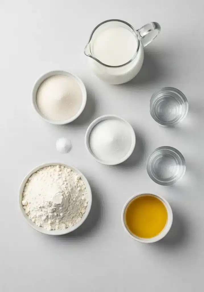 Overhead view of ingredients for eggless crepes: flour, sugar, salt, milk, water, and melted butter.