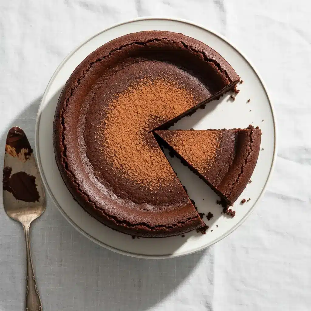 Overhead view of a whole flourless chocolate cake on a cake stand with one slice cut out.