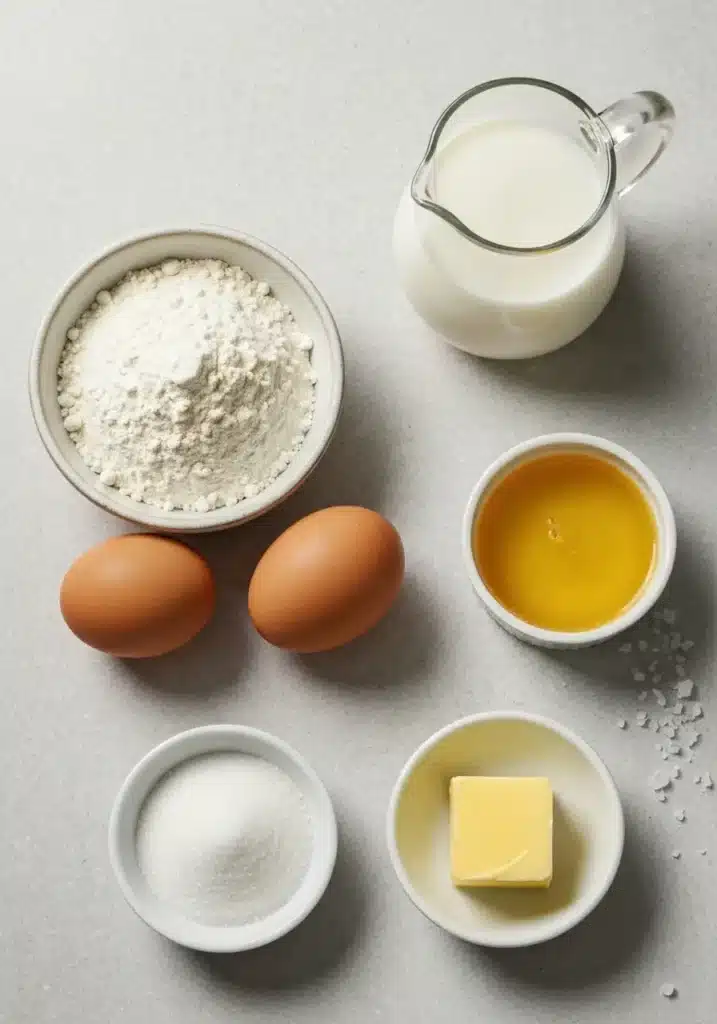 Ingredients for the French crepe recipe, including flour, eggs, milk, and butter, arranged on a light surface.