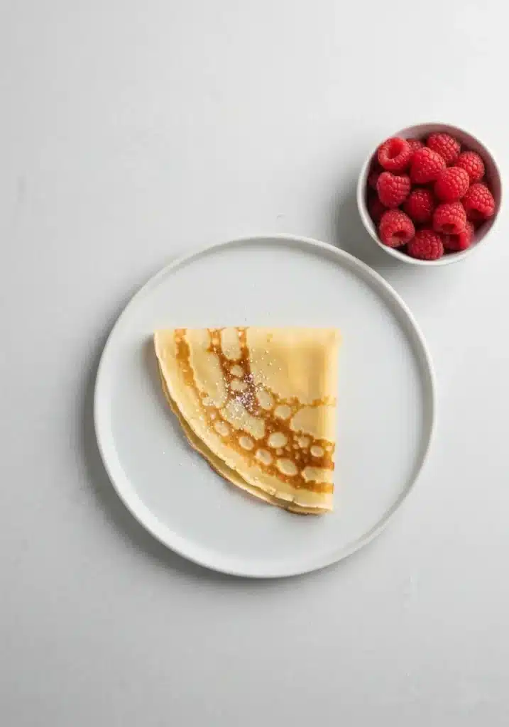 An overhead flat lay photo of a single French crepe folded into a triangle on a white plate.