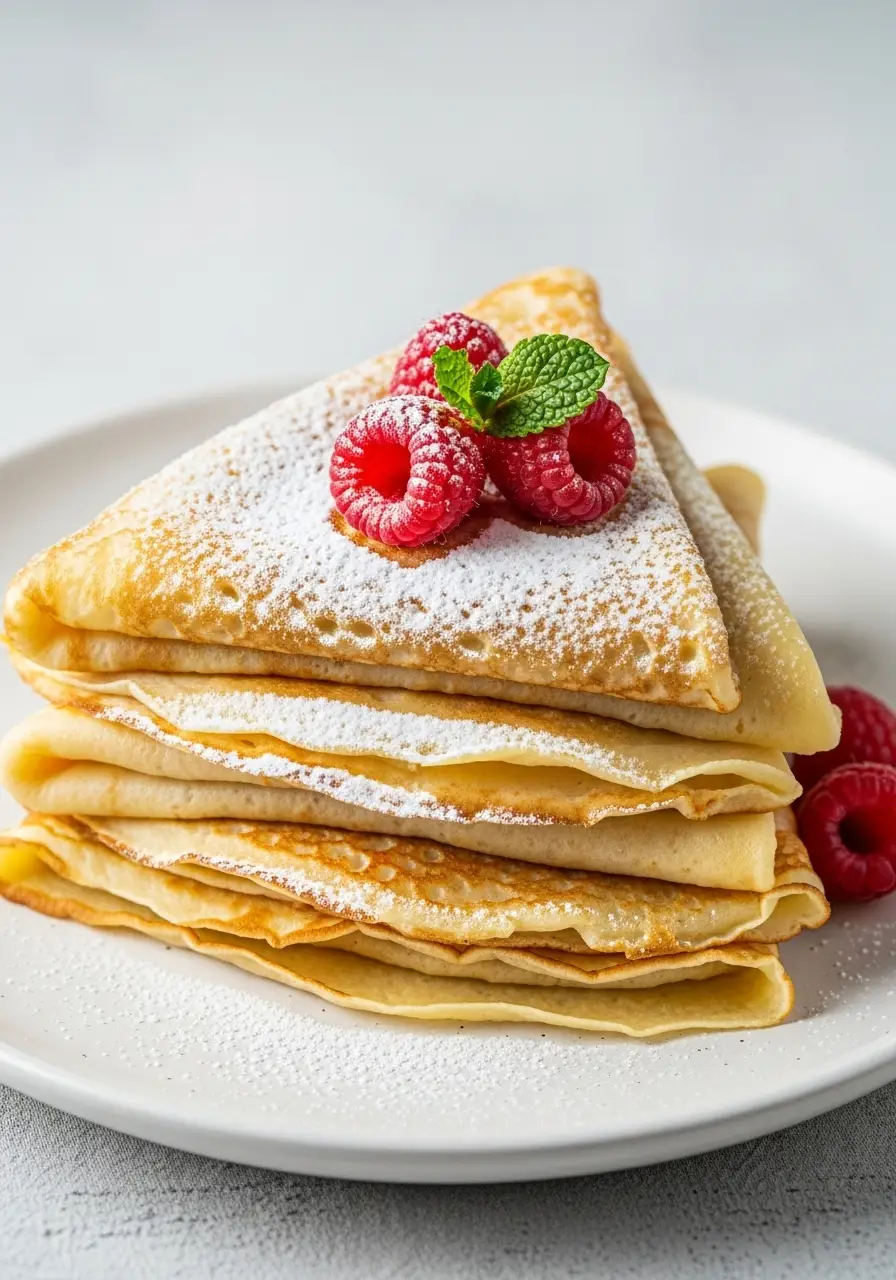 A stack of perfectly folded authentic French crepes dusted with powdered sugar and topped with fresh raspberries.