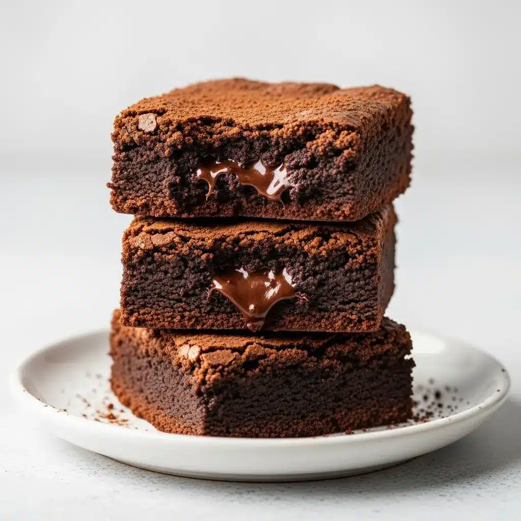 A close-up stack of three homemade fudgy brownies, one broken to show the gooey chocolate center.