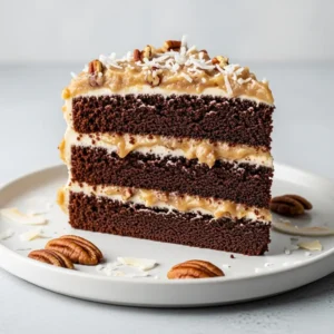 A slice of German Chocolate Cake on a white plate, showing the layers of moist chocolate cake and gooey coconut-pecan frosting.