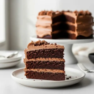 A perfect slice of gluten-free chocolate cake on a white plate, showing its moist, fudgy interior and silky chocolate frosting.