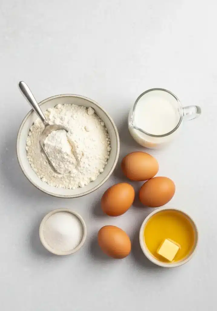 Ingredients for the gluten free crepe recipe, including gluten-free flour, eggs, milk, sugar, and butter, arranged on a light surface.