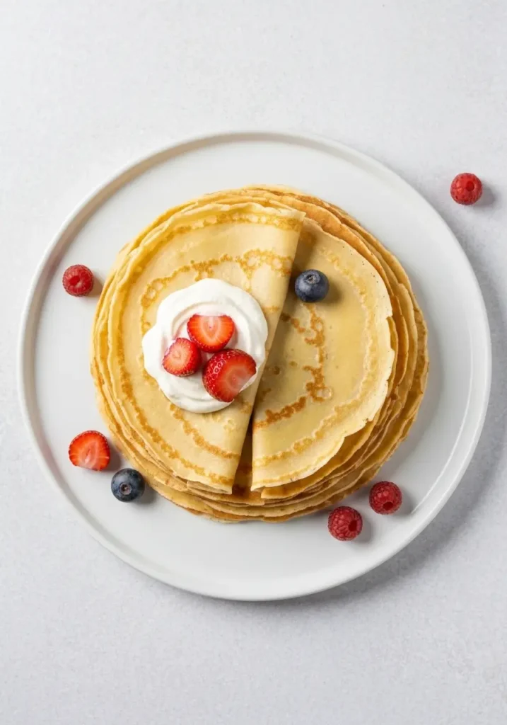 Overhead view of a plate with a stack of gluten-free crepes, one of which is filled with strawberries and cream.