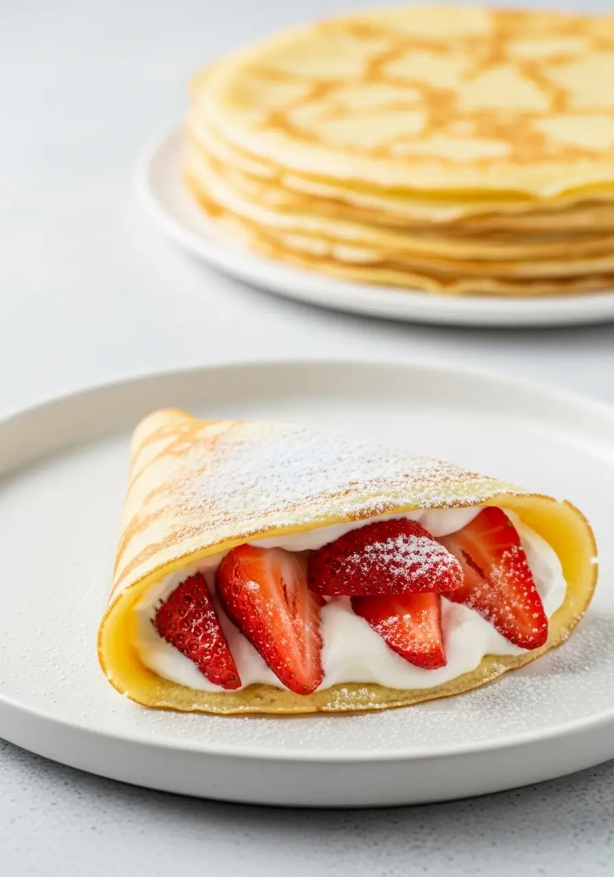 A stack of gluten-free crepes, with one folded in front filled with fresh strawberries and cream and dusted with powdered sugar.