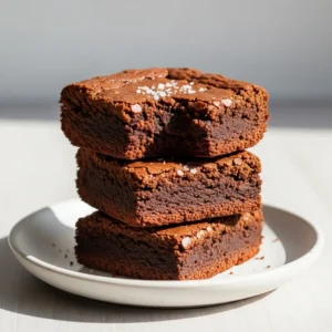 A stack of three fudgy gluten-free brownies on a white plate, with a bite taken out of one to show the moist interior.