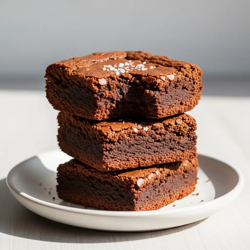 A stack of three fudgy gluten-free brownies on a white plate, with a bite taken out of one to show the moist interior.