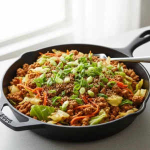 A 45-degree angle shot of a large skillet filled with a savory ground turkey and cabbage recipe, garnished with fresh green onions.