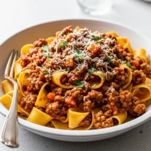 A close up 45-degree angle shot of a white bowl filled with ground turkey bolognese sauce tossed with pappardelle pasta and garnished with parmesan cheese.
