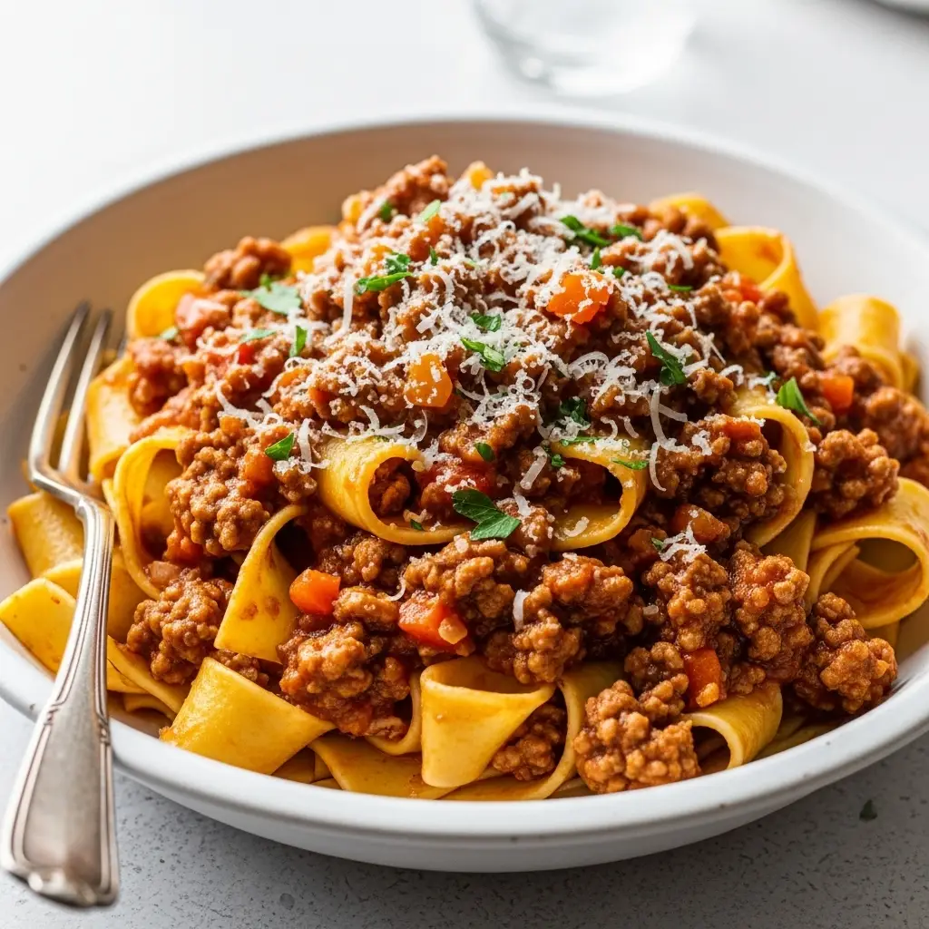 A close up 45-degree angle shot of a white bowl filled with ground turkey bolognese sauce tossed with pappardelle pasta and garnished with parmesan cheese.