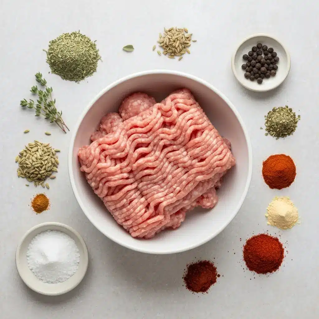 Overhead view of ingredients for ground turkey breakfast sausage, including ground turkey and a variety of spices.