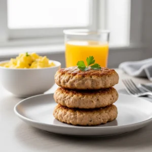 A stack of three homemade ground turkey breakfast sausage patties on a light grey plate, ready to be eaten for a healthy breakfast.