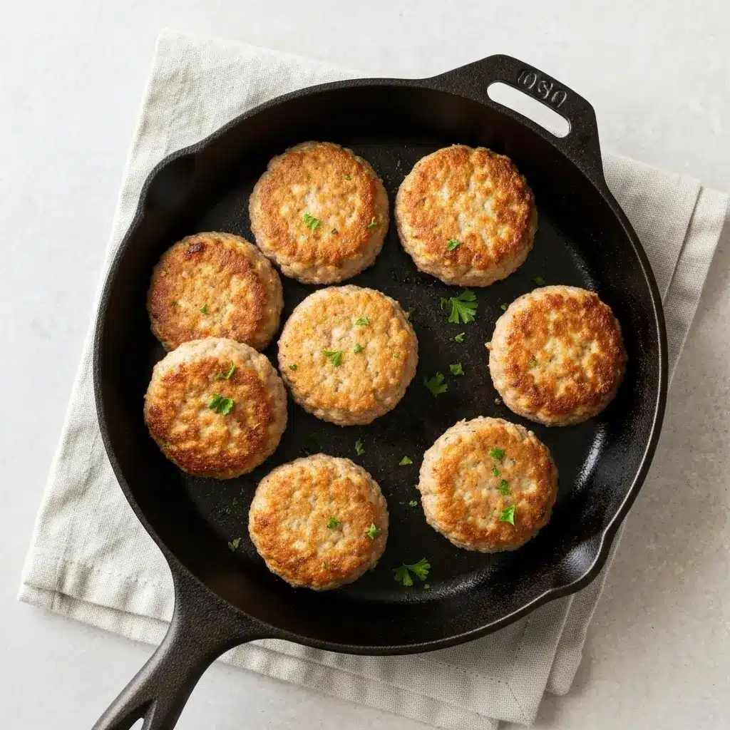 Overhead shot of cooked ground turkey breakfast sausage patties in a cast iron skillet.